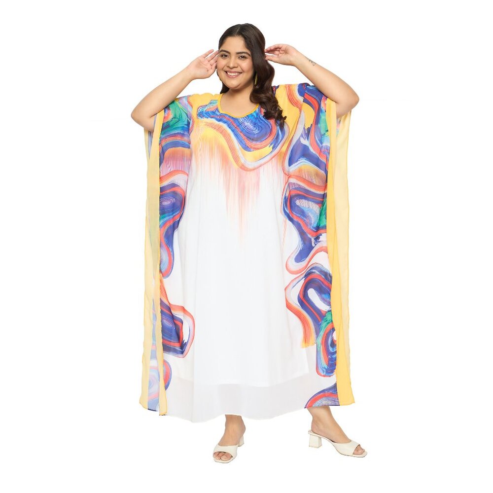 Plus Size Georgette Caftan Dress Abstract Printed Summer Maxi with Rhinestones